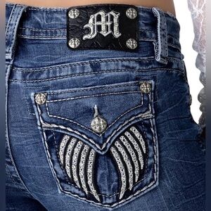 Miss Me Frankie Angel Wing Embellish Faux Flap Pockets Low-Rise Bootcut Jeans 26